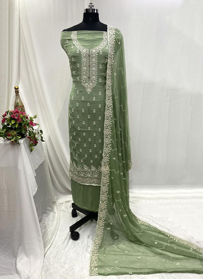 Chiffon Green Casual Wear Hand Work Salwar Suit